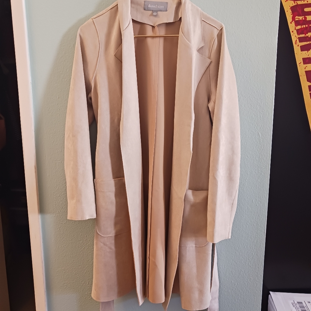 Daniel Rainn Faux Suede Long Open Jacket in Cream